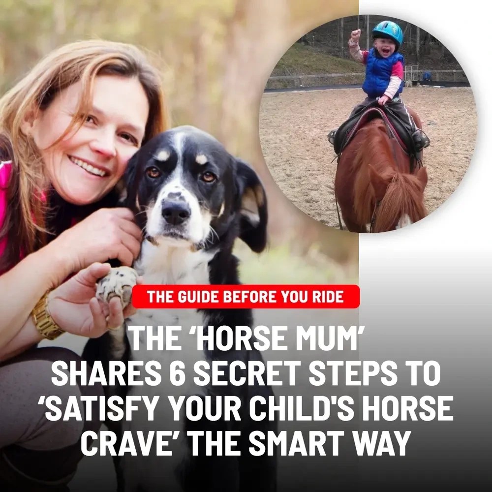 Woman posing with a dog; inset shows a child on a horse. Text overlay in bold.