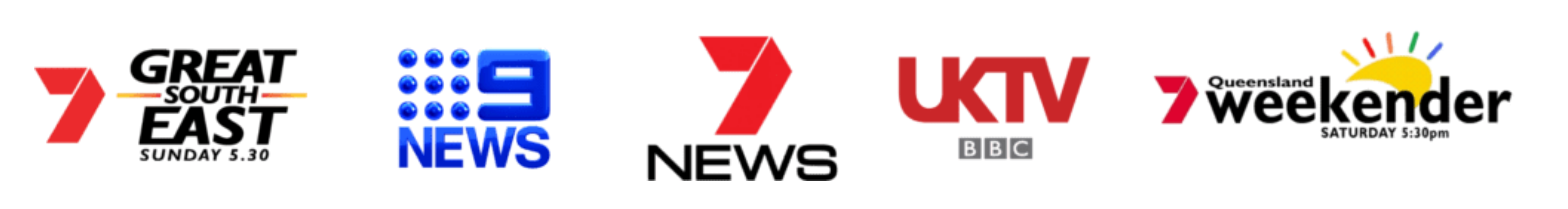 Logos of TV channels: Great South East, 9 News, 7 News, UKTV, Queensland Weekender.