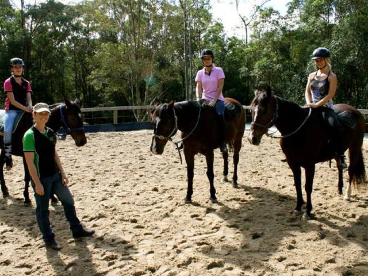 a group of people riding on the back of a horse