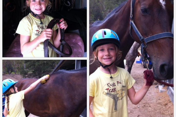 a small child is petting a horse