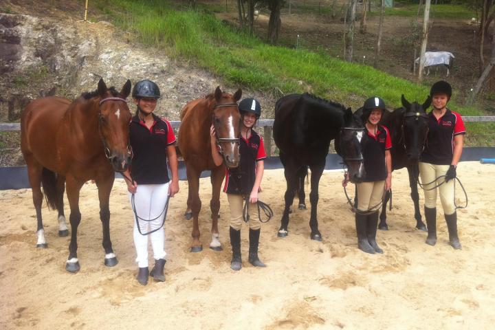 a group of people standing next to a horse