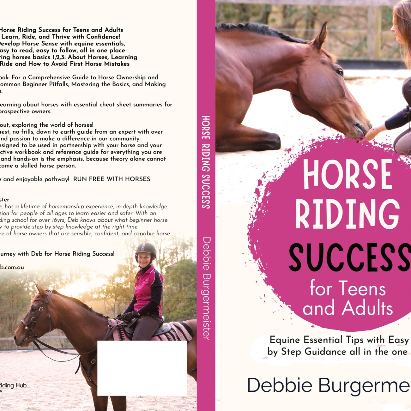 Book cover titled 'Horse Riding Success' with images of a rider on a horse and pink-purple accents.
