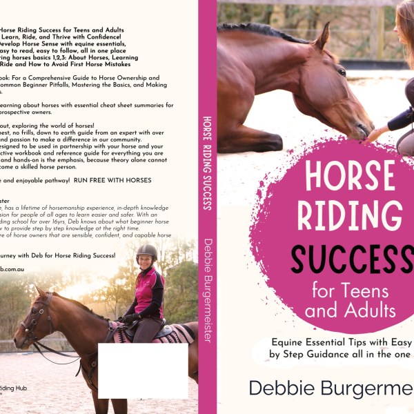 Book cover titled 'Horse Riding Success' with images of a rider on a horse and pink-purple accents.