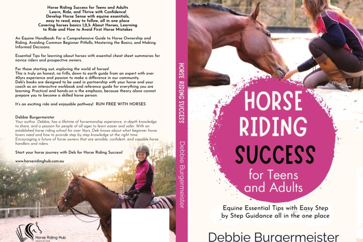 Book cover titled 'Horse Riding Success' with images of a rider on a horse and pink-purple accents.
