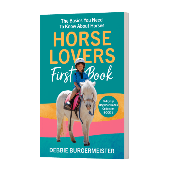 Cover of 'Horse Lovers First Book' with a child on a pony, teal and pink background.